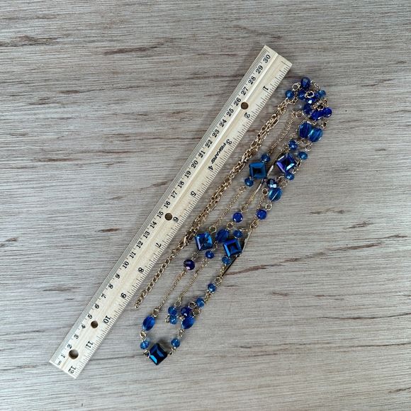 Blue Iridescent Plastic Beads Double Gold Tone Chain Necklace Vintage Style 36" - Picture 9 of 9